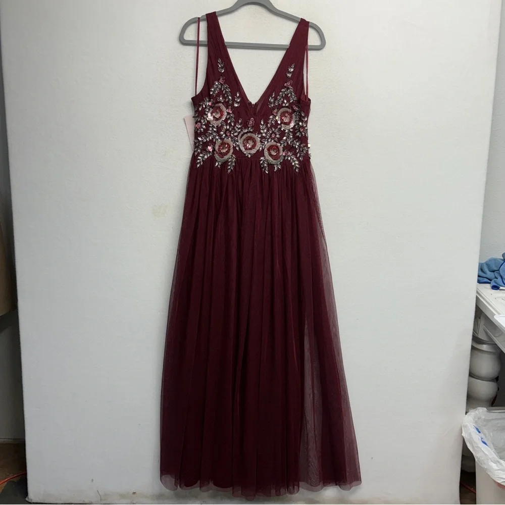 NWT Anthropologie BHLDN Isabel Formal Maxi Dress 10 Floral Sequin‎ Tulle Red - Picture 3 of 11